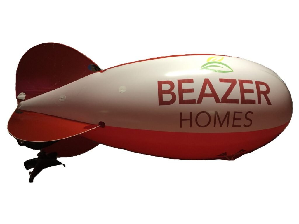 13 ft red and white helium advertising blimp printed with a customer logo